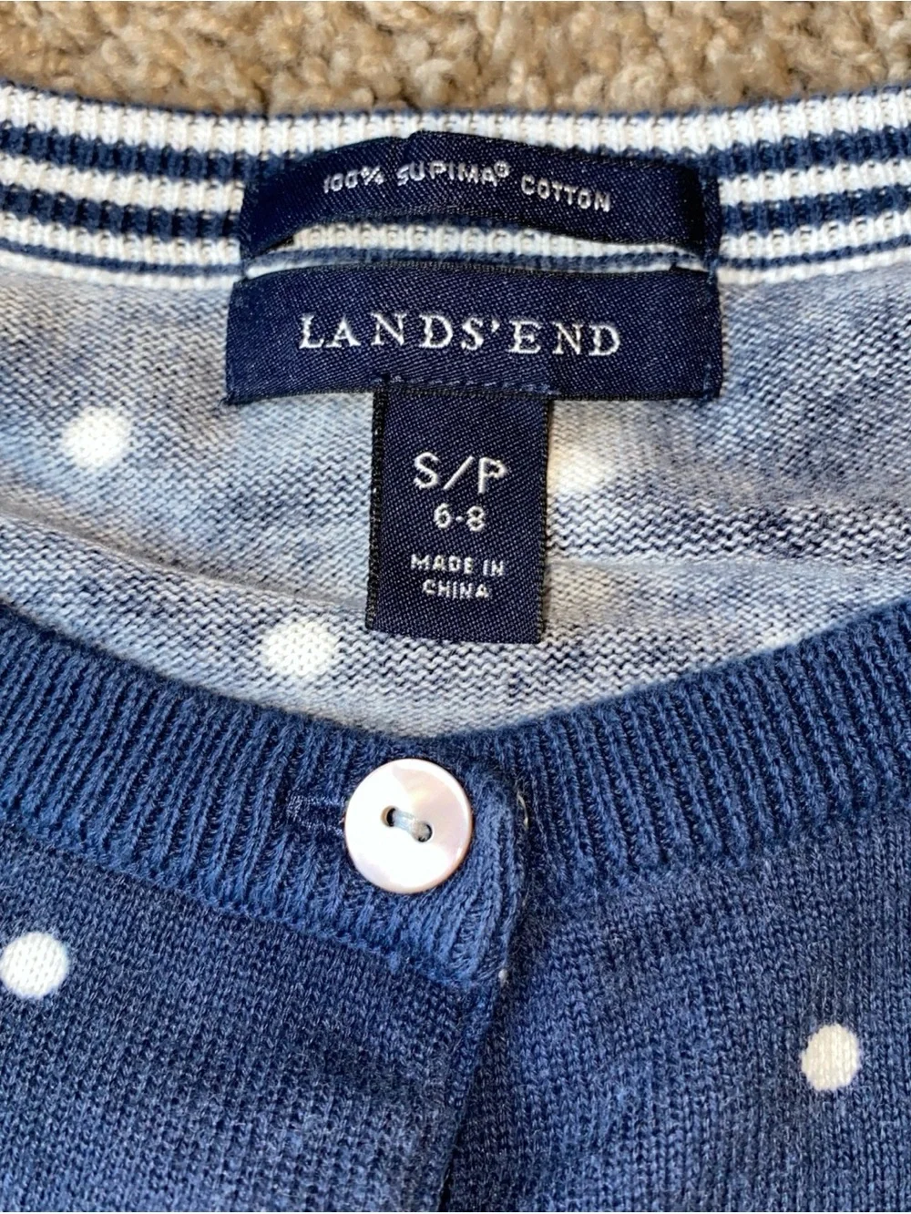 Lands End Cardigan Sweater Womens S Navy Polka Dot Supima Cotton Button Career